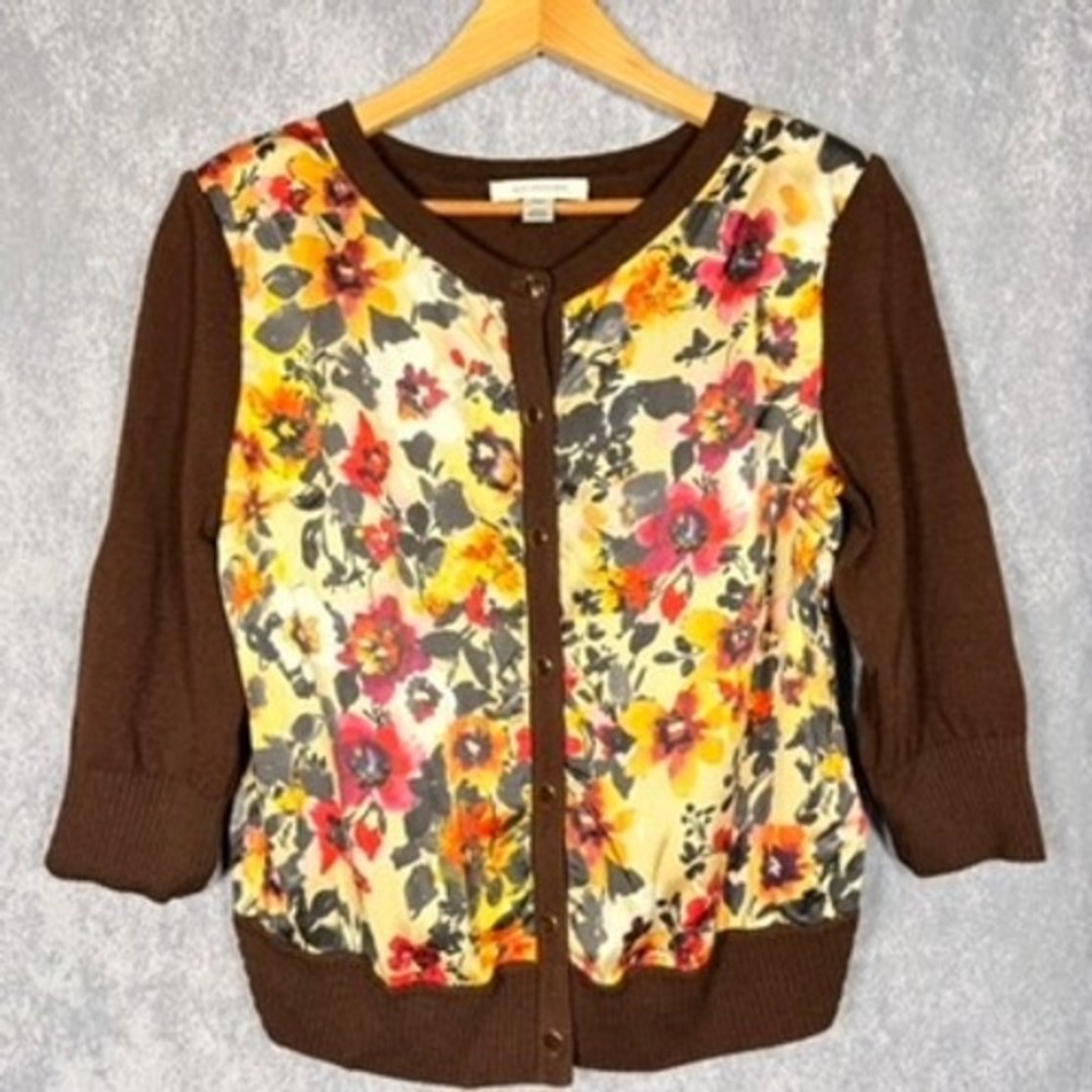 St. John Collection Large Brown Floral Silk Front Wool Blend Cardigan Sweater